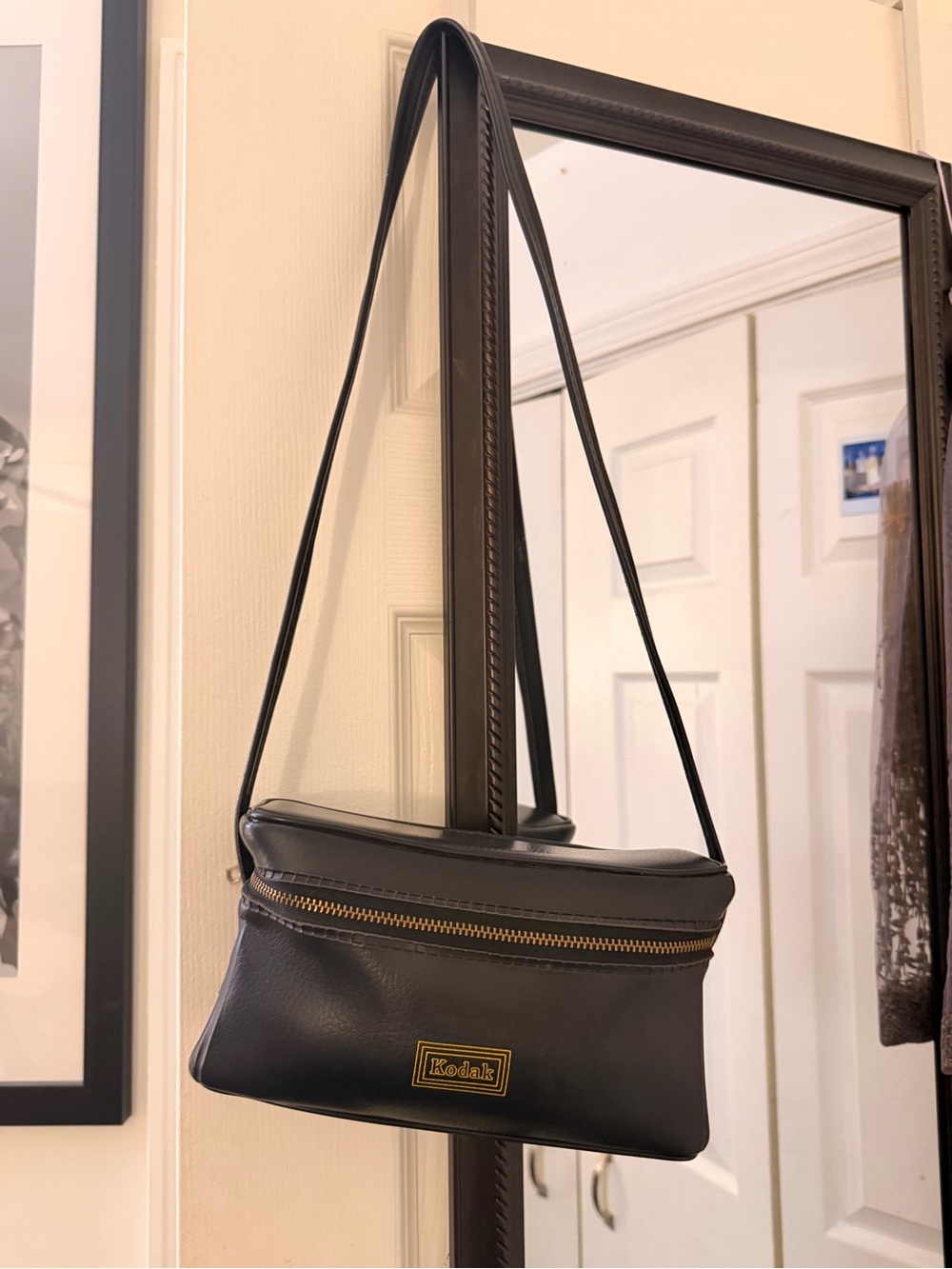 Vintage Kodak Black Leather Belt Bag with Gold Hardware